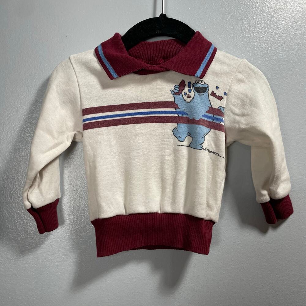 Vintage 80's Sesame Street Cookie Monster Maroon Collared Shirt Boy's 1T